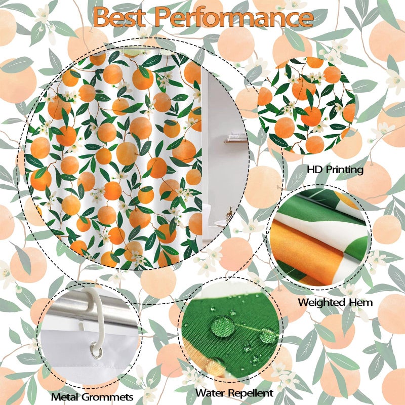 Lifeel Orange Shower Curtain, Allover Fruits Round Citru Pattern Design Waterproof Fabric Bathroom Curtains Set with 12 Hooks, Orange Green 72Ã—72 inch - Image 4